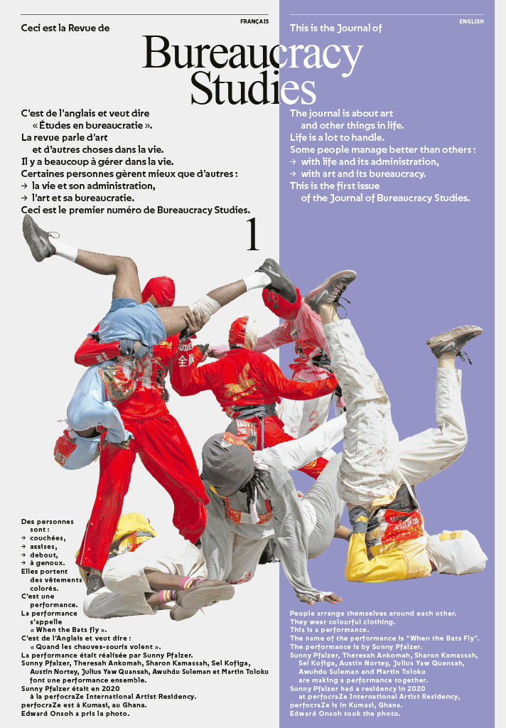 Cover of the Journal of Bureaucracy Studies by graphic designer Niels Wehrspann, with the photo of a performance by Sunny Pfalzer taken by Edward Onsoh